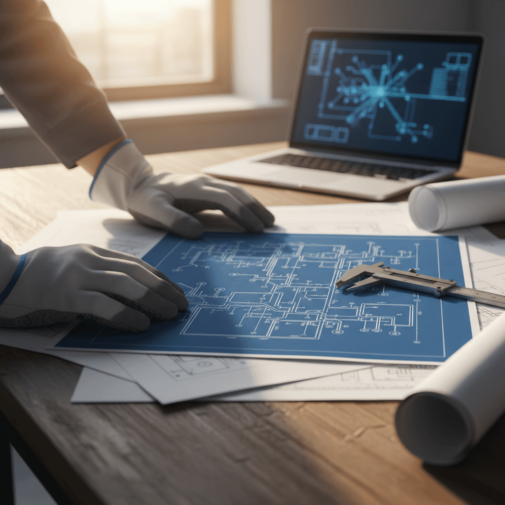 Engineer analyzing electrical infrastructure drawings
