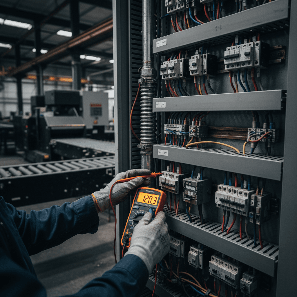 Electrical technician inspecting factory panel