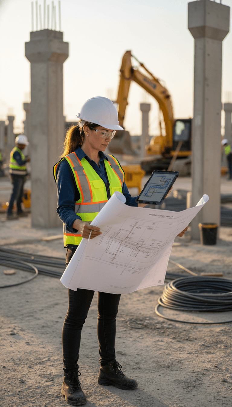 Authorized electrical technician reviewing kentsel dönüşüm project plans