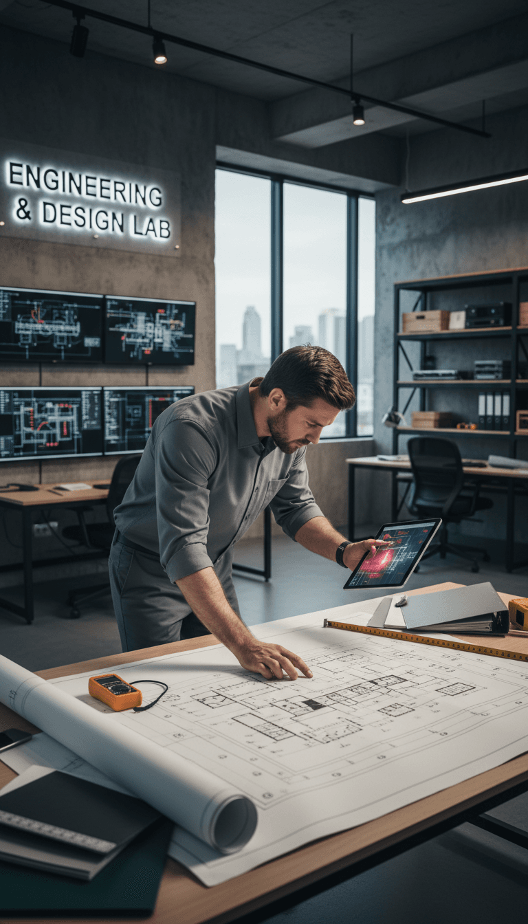 Electrical project engineer working on technical drawings