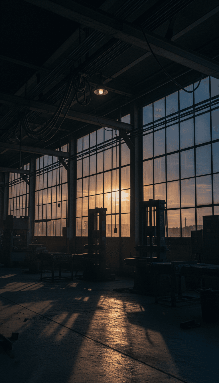 Factory floor electrical infrastructure at dusk