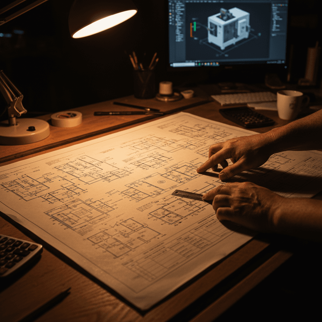 Electrical engineer reviewing detailed project blueprints