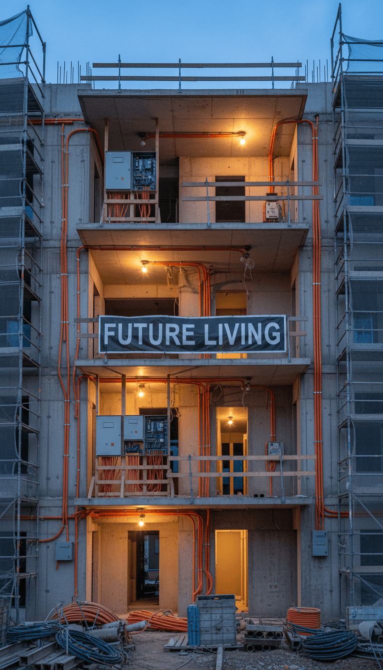 Urban renewal construction site with electrical infrastructure