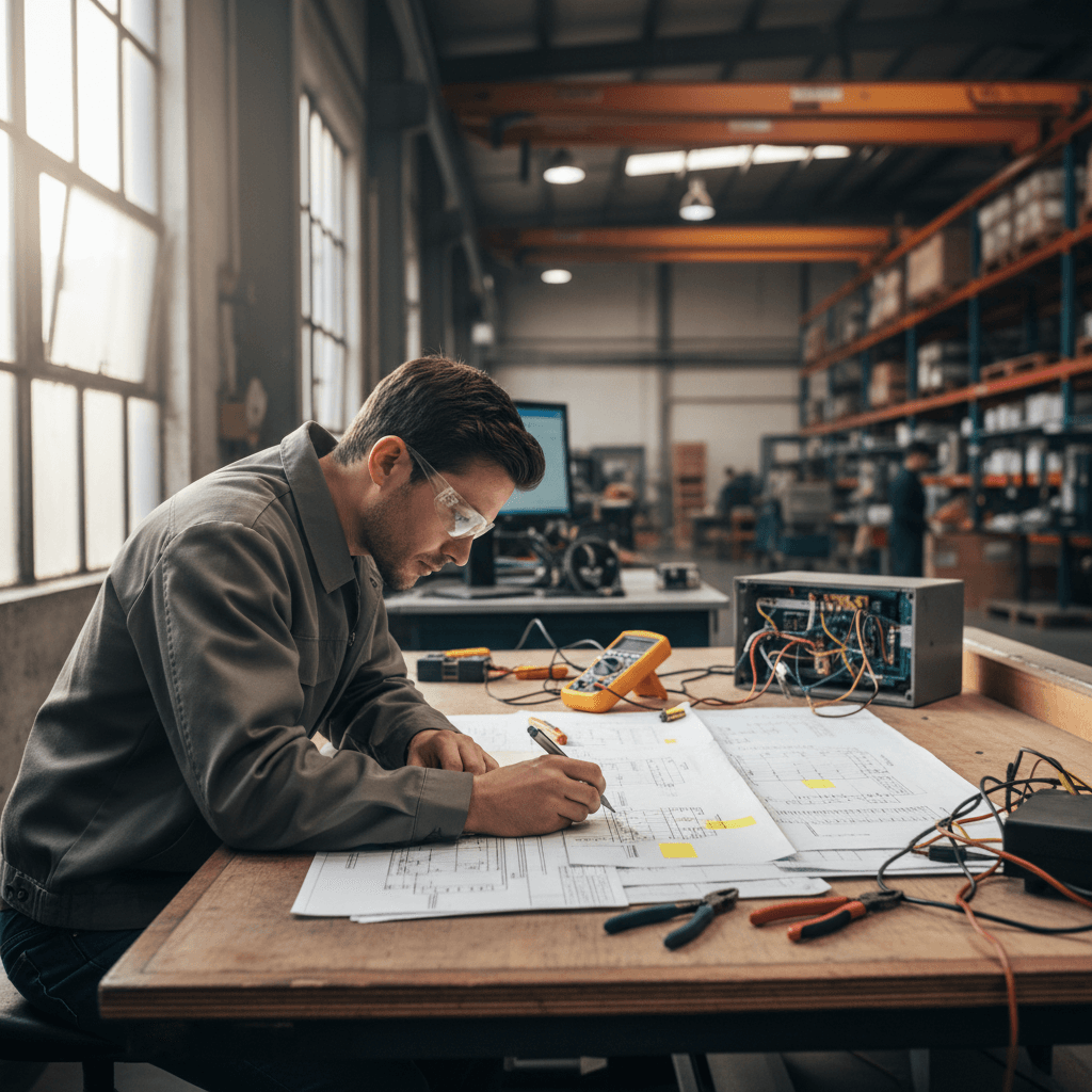 Engineer performing electrical capacity calculations for factory revision