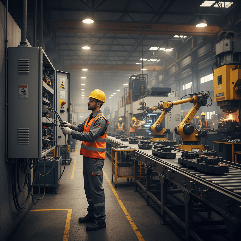 Electrical technician working on factory systems while production continues