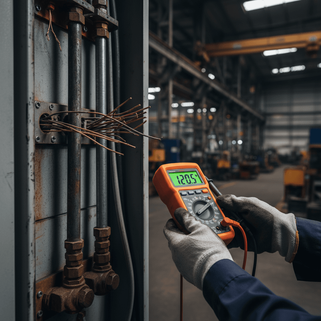 Electrical technician measuring factory panel with precision instrument