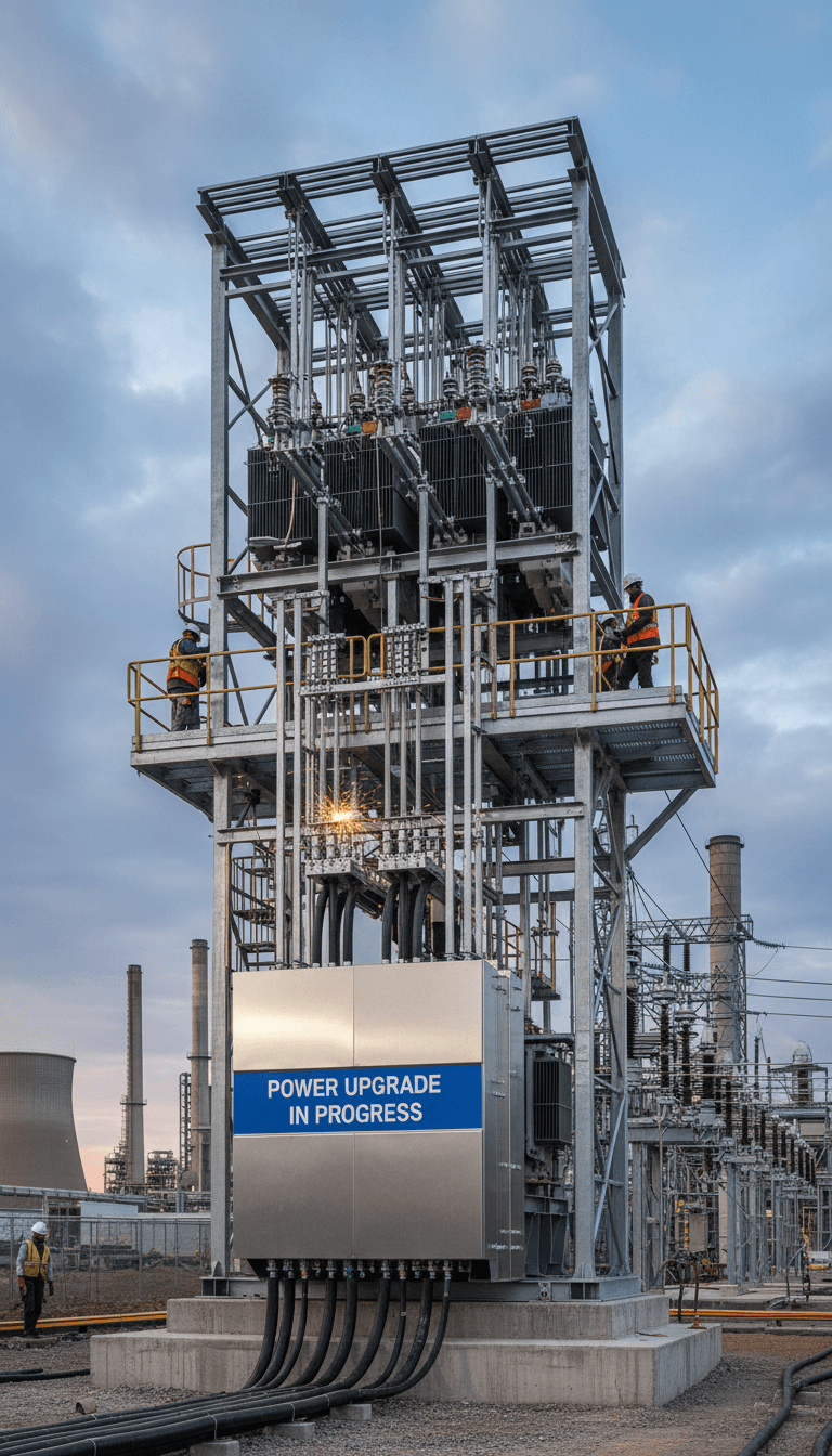 Professional electrical technician reviewing transformer power upgrade plans and electrical distribution system