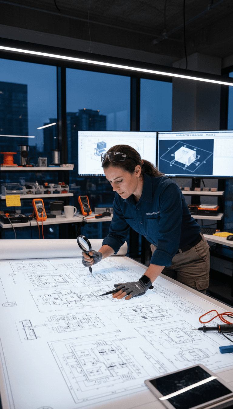 Electrical technician examining detailed project blueprints and technical specifications