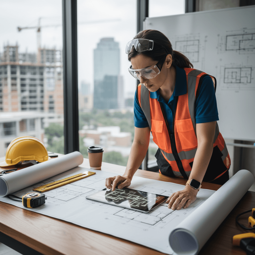 Electrical technician reviewing urban renewal project plans