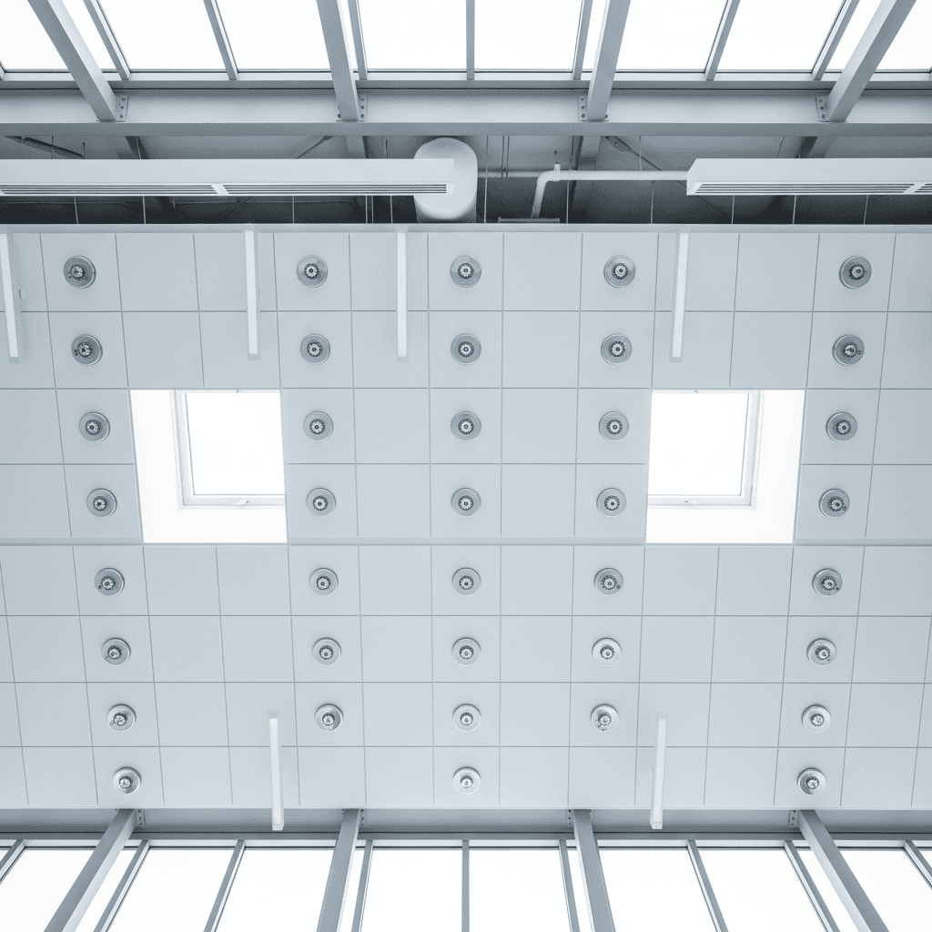 Strategic fire detector placement across office ceiling