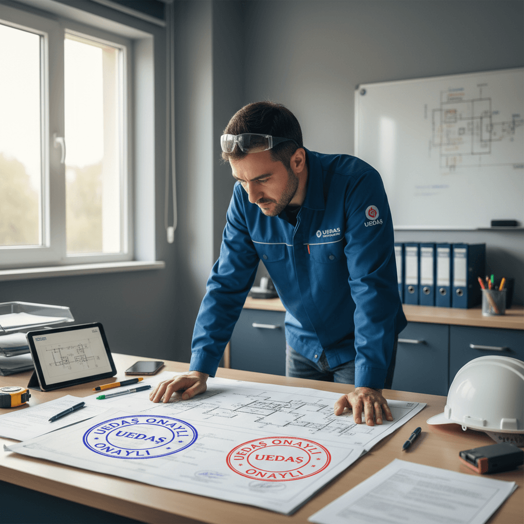 Technician reviewing UEDAŞ-authorized fire detection schematics