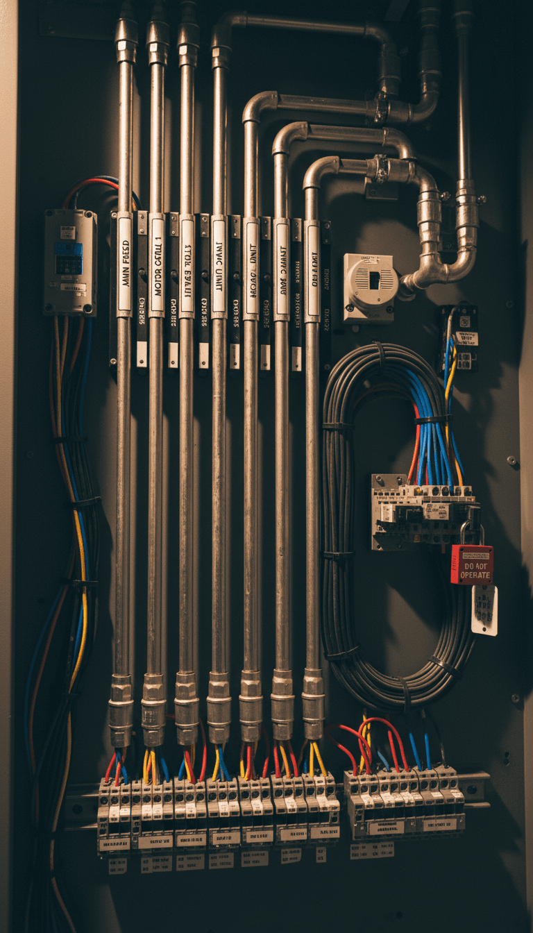Professional electrical panel installation with organized conduit work