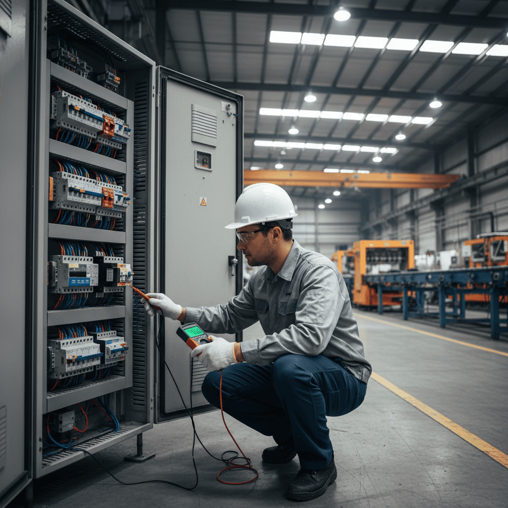 Technician measuring factory electrical panel