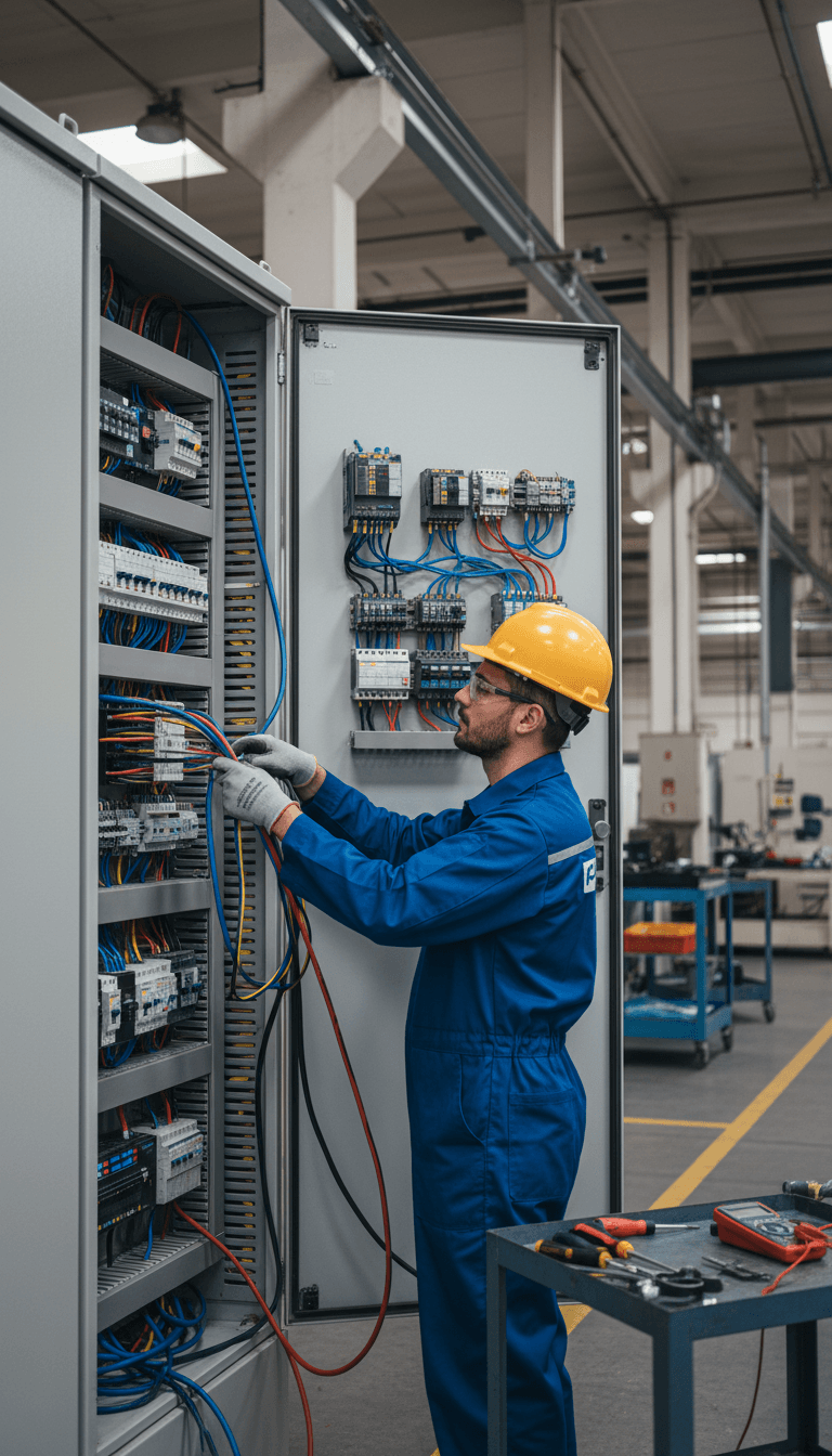 Electrical technician working on industrial control panel