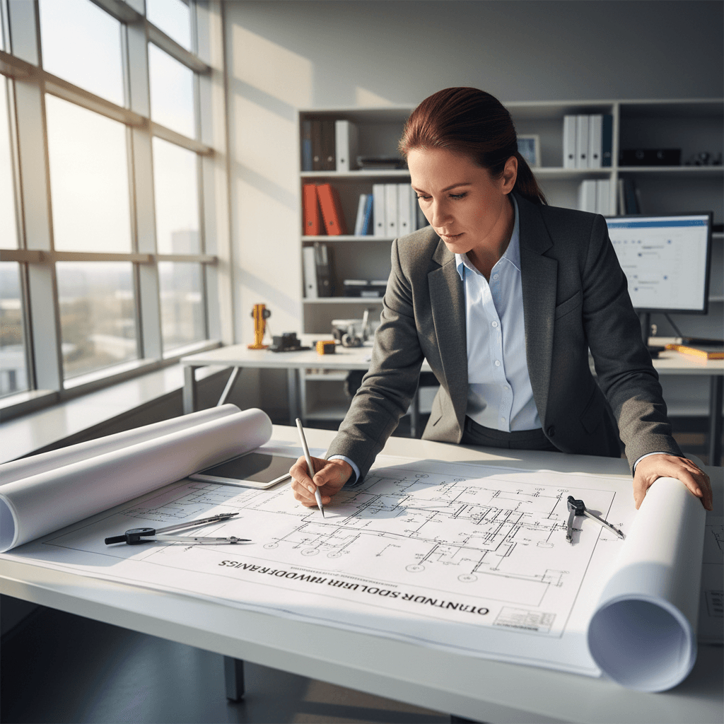 Electrical engineer reviewing technical project blueprints