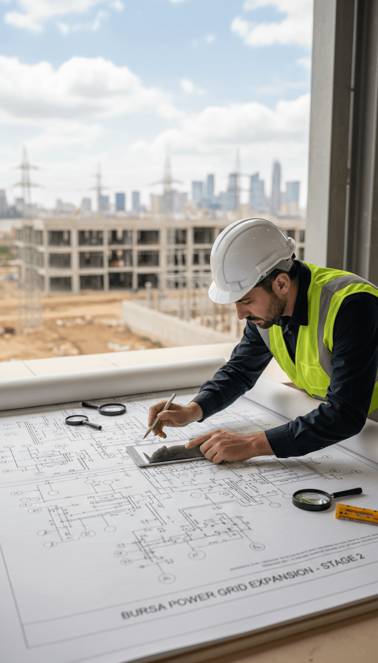 Professional electrical technician reviewing technical drawing for electricity subscription project