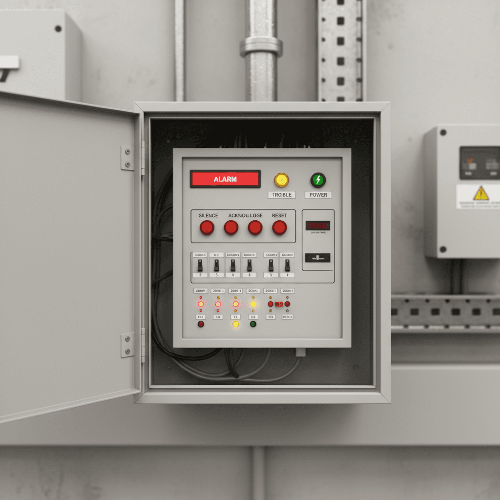 Conventional fire alarm control panel in electrical cabinet