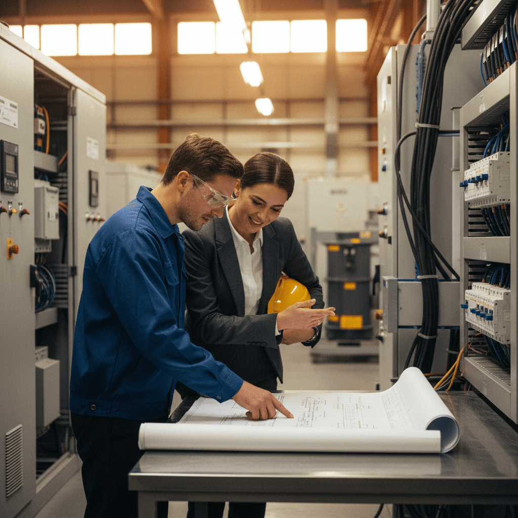 Technician consulting with factory manager