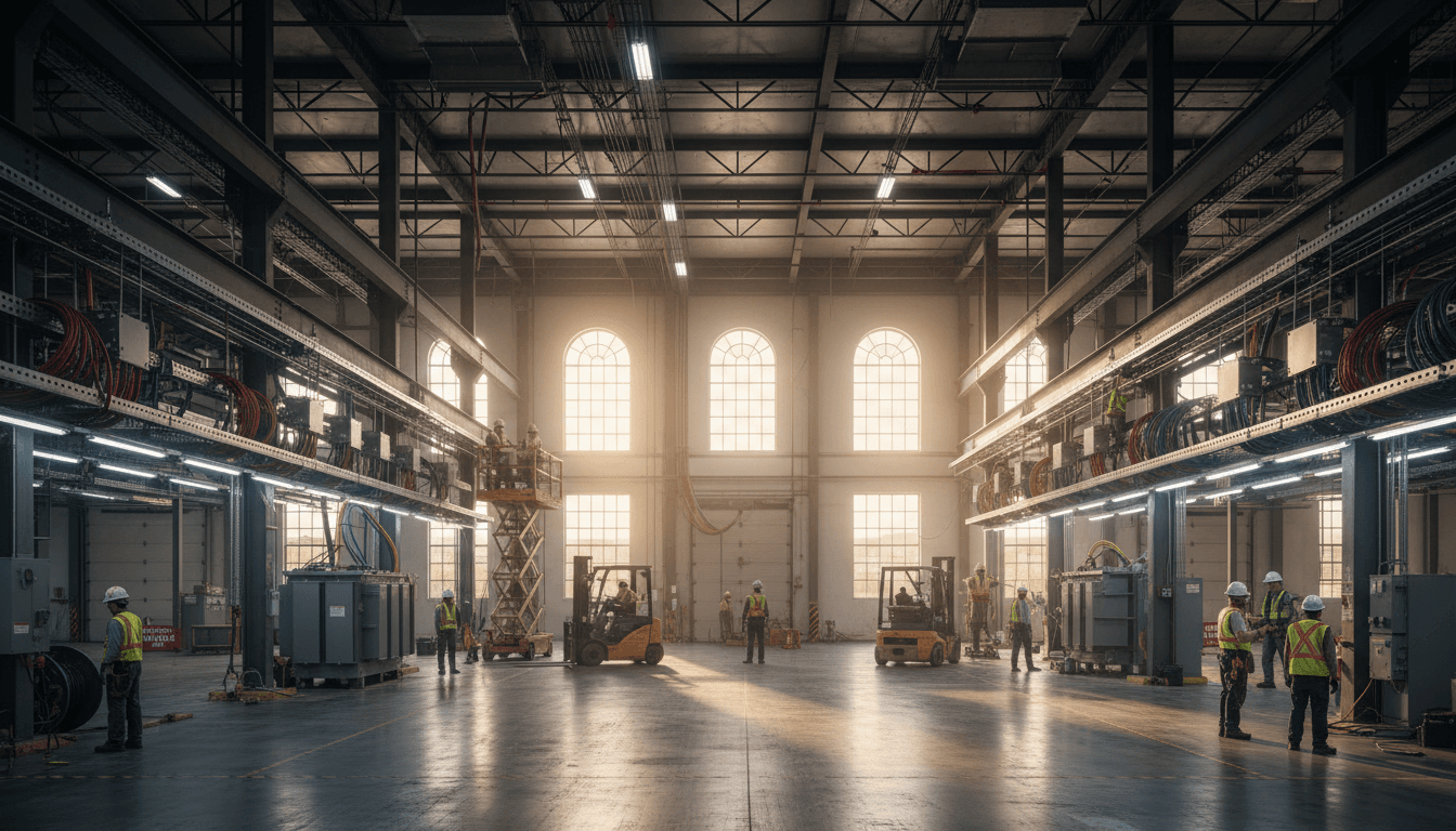Factory electrical infrastructure with organized cable trays and distribution lines