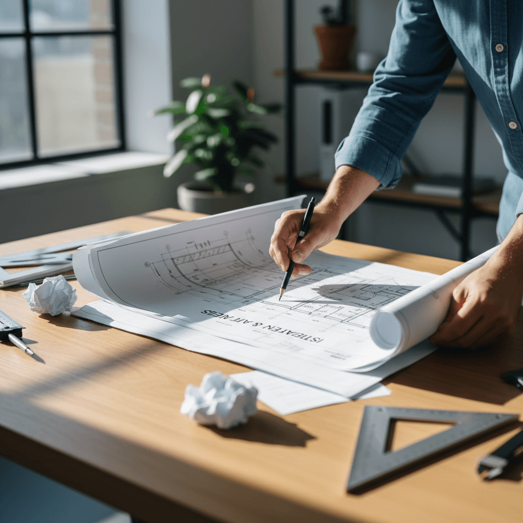 Electrical engineering blueprints and design documentation on drafting table