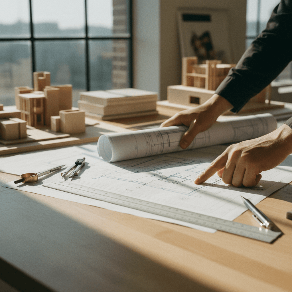 Electrical project blueprints on a drafting table with technical tools