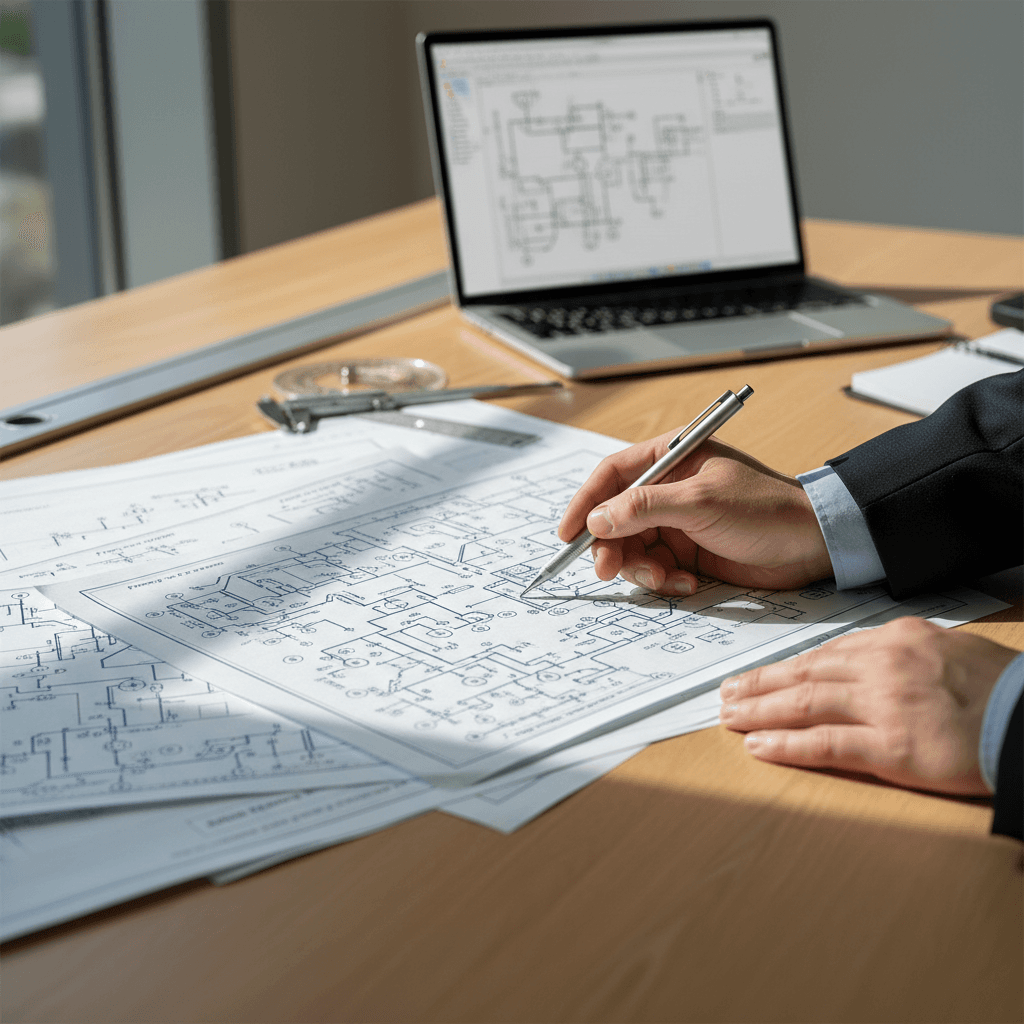 Authorized electrical engineer reviewing project specifications