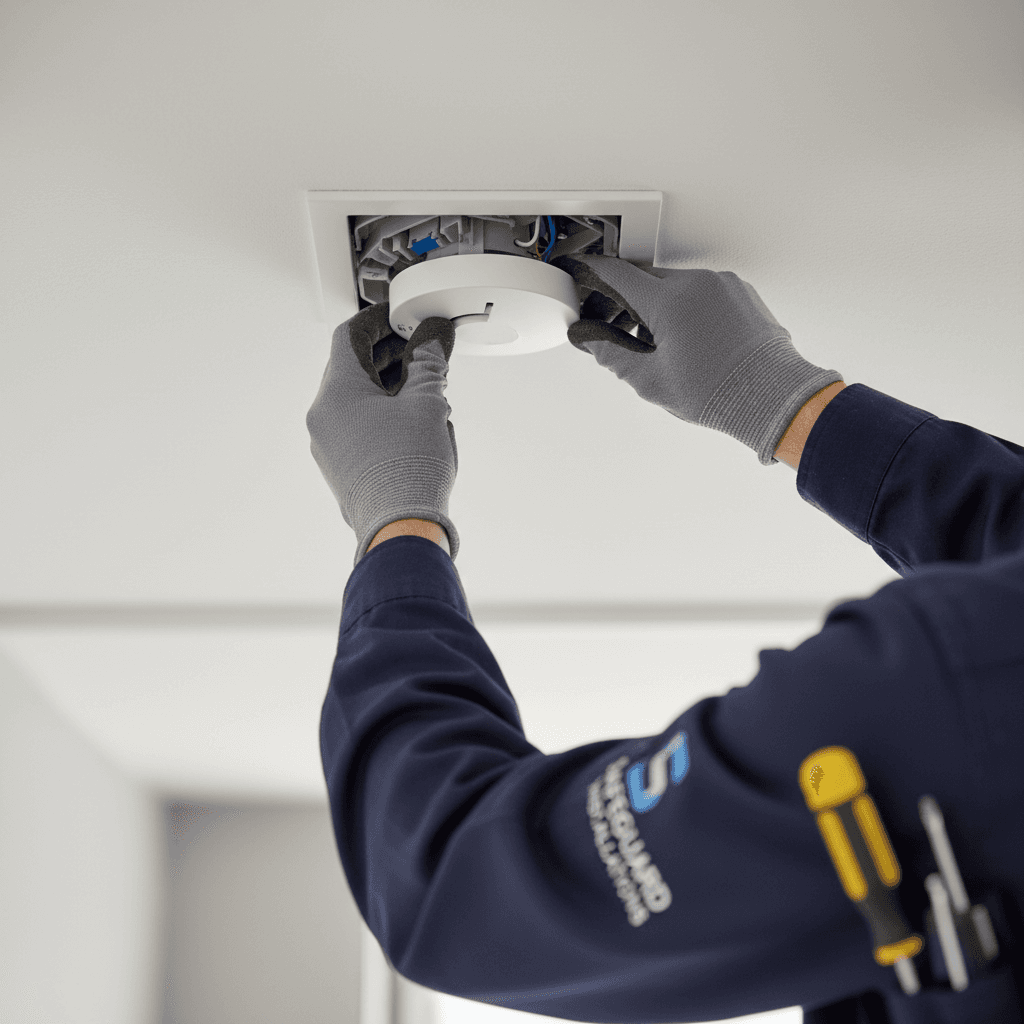 Technician installing fire detection system in hospital corridor
