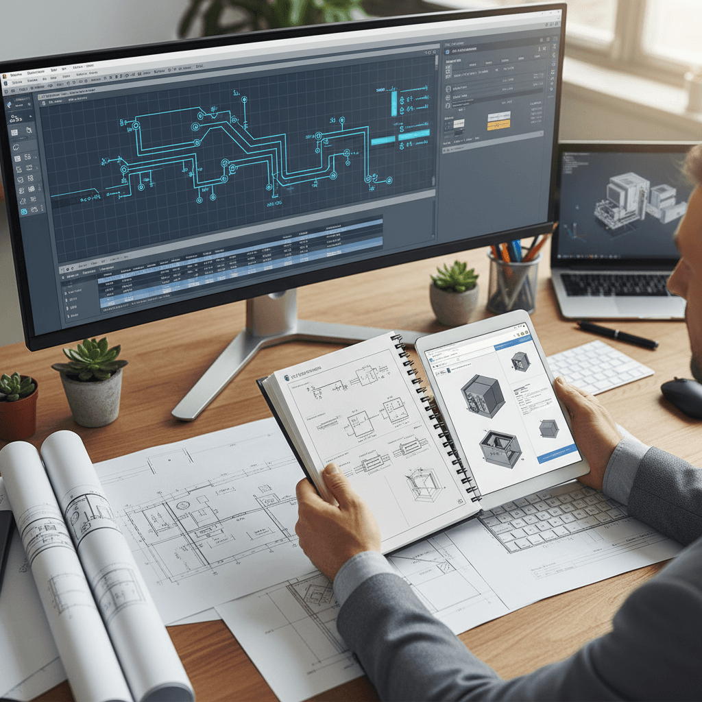 Authorized electrical engineer reviewing fire detection and electrical installation blueprints at drafting table