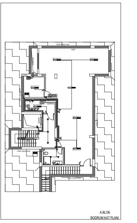 Architectural floor plan for Block A basement featuring stairs, elevator, and various utility rooms.